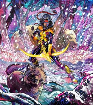 1girl abstract_background aiming aiming_down animal animal_ears arrow_(projectile) badge bear bear_ears belt_pouch black_hair bodysuit bow_(weapon) braid brown_eyes colorful_background dark-skinned_female dark_skin dynamic_pose earrings energy feather_earrings feathers forest glint gloves grey_fur grey_wolf headdress highres holding holding_bow_(weapon) holding_weapon jewelry long_hair marvel marvel_snap mirage_(marvel) multicolored_bodysuit native_american native_american_headdress nature new_mutants official_art outdoors pouch quiver rock science_fiction shiny_skin single_braid sky skyline snow snowflakes snowing solo solo_focus sparkle star_(sky) starry_sky superhero_costume tail tree twin_braids two-tone_bodysuit vinartwork weapon western_comics_(style) white_fur winter wolf wolf_ears wolf_tail x-men yellow_gloves