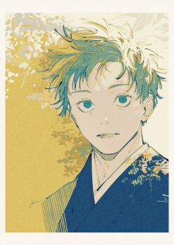 Rule 34 | 1boy, aged down, blue eyes, border, commentary, foliage, gojou satoru, hatching (texture), highres, japanese clothes, jujutsu kaisen, kimono, male focus, mim (mimya0600), pale skin, portrait, short hair, signature, solo, white border