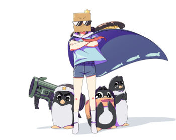 &gt;:) 1girl :3 animal_print bag bag_over_head bandana bird black_hair blonde_hair blue_cape blue_shirt boots cape commentary crossed_arms crown denim denim_shorts fish_print floating_cape floating_hair full_body fur-trimmed_cape fur_trim indie_virtual_youtuber kenart7_7 long_hair mini_crown multicolored_hair necktie paper_bag penguin print_cape red_necktie rocket_launcher shirt short_shorts short_sleeves shorts spanish_commentary standing streaked_hair sunglasses toko_(vtuber) v-shaped_eyebrows virtual_youtuber weapon white_background white_boots