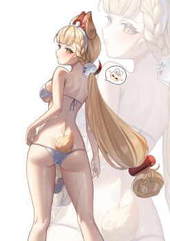 1girl absurdres alice_thymefield alternate_costume animal_ear_fluff animal_ears armpit_crease ass bikini blonde_hair blunt_ends blush braid braided_sidelock breasts closed_mouth expressionless feet_out_of_frame from_behind hair_ornament hairband highres leegh19769 long_hair looking_at_viewer looking_back median_furrow medium_breasts rabbit_ears rabbit_girl rabbit_tail shoulder_blades simple_background solo speech_bubble sphere_hair_ornament spoken_animal standing string_bikini sweat sweatdrop swimsuit tail turning_head twintails very_long_hair white_background white_bikini white_hairband yellow_eyes zenless_zone_zero zoom_layer