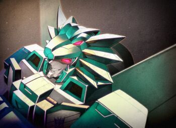 crossed_arms decepticon glowing glowing_eye leozack looking_to_the_side mecha no_humans parted_lips pink_eyes portrait rai_mugi robot science_fiction smile transformers transformers_victory