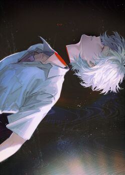 1boy absurdres collared_shirt commentary decapitation english_commentary grey_hair highres jie_deng male_focus nagisa_kaworu neon_genesis_evangelion parted_lips purple_shirt red_eyes severed_head shirt short_hair short_sleeves sideways teeth white_shirt