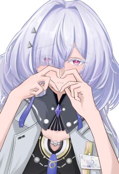 Rule 34 | 1girl, breasts, colored eyelashes, commentary, eyes visible through hair, four-finger heart hands, grey hair, hair ornament, hair over one eye, heart, heart hands, highres, id card, jacket, long hair, looking at viewer, mornye (wuthering waves), portrait, red eyes, sa2ki i, simple background, small breasts, solo, untranslatable commentary, upper body, white background, white jacket, wuthering waves