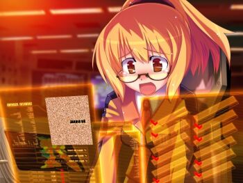 1girl blonde_hair brown_eyes computer female_focus game_cg glasses hibiki_nanami holographic_interface necktie ponytail solo source_request static uniform zettai_chikyuu_boueiki_mega_laughter