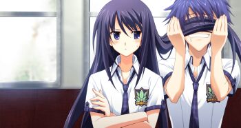 1boy 1girl :< :o annoyed aoi_sena blurry blurry_background blush breast_pocket buttons chaos;head chaos;head_love_chu_chu! clenched_teeth collarbone collared_shirt crossed_arms drooling embarrassed facing_viewer fingernails game_cg hair_lift hair_over_eyes highres holding_another's_hair indoors long_hair long_sidelocks looking_at_another loose_necktie matsuo_yukihiro messy_hair molestation mouth_drool necktie nervous_sweating nishijou_takumi non-web_source official_art open_collar open_mouth pervert pink_lips plaid_clothes plaid_necktie plaid_sleeves pocket purple_eyes purple_hair purple_necktie purple_sleeves saliva school_emblem school_uniform science_adventure shiny_eyes shirt short_hair short_sleeves sidelocks sitting smelling smelling_hair streetcar suimei_academy_school_uniform suimei_school_uniform summer_uniform sweat sweatdrop teeth triangle_mouth white_shirt window