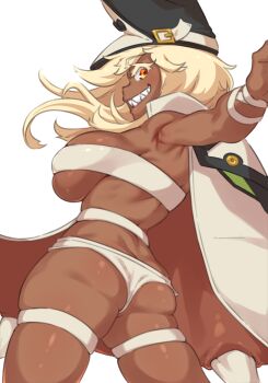 1girl ass basukechi belt_bra black_hat bra breasts butt_crack cape dark-skinned_female dark_skin deep_skin guilty_gear hat highres large_breasts long_hair looking_back panties ramlethal_valentine revealing_clothes sharp_teeth skindentation smile solo teeth thigh_strap thighs two-tone_hat underwear white_background white_bra white_cape white_hair white_hat white_panties yellow_eyes