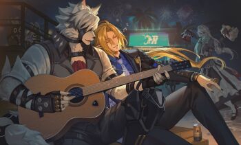 2boys 3girls acoustic_guitar aerial_fireworks ahoge alexandrina_sebastiane anastella_(zenless_zone_zero) animal_ear_fluff animal_ears apron arm_belt bangboo_(zenless_zone_zero) beach beer_can belt belt_buckle black_belt black_choker black_dress black_gloves black_hair black_jacket black_nails black_pants black_shoes blonde_hair body_fur bracelet buckle butler_(zenless_zone_zero) can carrying choker claws closed_eyes coin collared_shirt collared_vest commentary corin_wickes crovius crowd dress drink_can drusilla_(zenless_zone_zero) ear_piercing earrings english_commentary eyepatch fangs fingerless_gloves fingernails fireworks floating floating_hair frilled_apron frills furry furry_male gloves green_hair grey_hair grey_pants grey_vest guitar hair_between_eyes high_heels highres holding holding_coin holding_guitar holding_instrument hugo_vlad instrument jacket jewelry juliet_sleeves knee_up lapel_pin lapels long_hair long_sleeves low-tied_long_hair low_ponytail maid maid_apron maid_headdress male_focus multicolored_hair multiple_boys multiple_girls music musical_note muzzle_(mask) nail_polish necktie night night_sky one_eye_covered open_clothes open_jacket open_mouth outdoors palm_tree pants parted_bangs parted_lips piercing playing_guitar playing_instrument pointy_ears ponytail puffy_sleeves purple_hair purple_necktie purple_shirt railing red_eyes robin_(zenless_zone_zero) sand screw_hair_ornament shirt shoes short_hair short_sleeves sidelocks singing sitting sky sleeping smile stage star_(symbol) streaked_hair tail tail_belt teeth thigh_strap tree twintails very_long_hair vest vivian_banshee von_lycaon watch water white_apron white_fur white_hair white_shirt wolf_boy wolf_ears wolf_tail wristwatch yaoi zenless_zone_zero