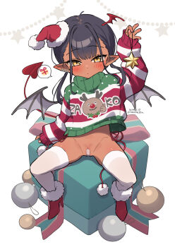 1girl artist_name bandaid bandaid_on_pussy black_hair black_wings blush boots box brown_succubus-chan_(trente) christmas closed_mouth commentary_request dark-skinned_female dark_skin dated demon_girl demon_wings dot_mouth dot_nose ear_piercing full_body fur-trimmed_boots fur-trimmed_headwear fur-trimmed_panties fur_trim gift gift_box hat head_wings high_heel_boots high_heels highres loli long_hair long_sleeves looking_at_viewer no_pants on_box original paid_reward_available panties partially_visible_vulva piercing pointy_ears pom_pom_(clothes) pom_pom_hat_ornament puffy_long_sleeves puffy_sleeves red_boots red_panties red_wings santa_hat side-tie_panties signature simple_background sitting sitting_on_box sleeves_past_wrists slit_pupils solo spread_legs star_(symbol) string_panties sweater thighhighs tilted_headwear trente underwear white_background white_thighhighs wings yellow_eyes