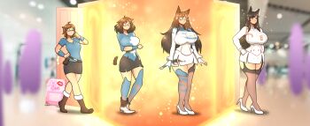 2girls age_progression animal_ears atago_(azur_lane) azur_lane black_footwear blue_gloves blue_thighhighs blurry blurry_background blush boots breast_expansion breasts brown_hair closed_eyes commentary commission english_commentary extra_ears fingerless_gloves fox_ears fox_girl gloves growing_hair high_heels highres huge_breasts jacket large_breasts medium_breasts multiple_girls original sequential shadow short_hair smile thegxjudgement thighhighs transformation walking white_footwear white_gloves white_jacket