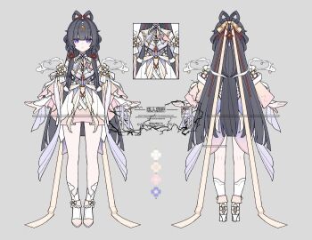 Rule 34 | 1girl, black hair, blunt bangs, chinese clothes, chinese knot, closed mouth, dress, english text, feixianji (hairstyle), flower, full body, grey background, hair ornament, hair ribbon, hair rings, highres, holding, holding instrument, instrument, long hair, long sleeves, looking at viewer, low-tied sidelocks, mixed-language text, multiple views, non-web source, original, purple eyes, reference sheet, ribbon, sidelocks, simple background, smile, socks, standing, very long hair, watermark, weapon, wide sleeves, yesesheng quanquan