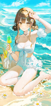 Rule 34 | 1girl, absurdres, arm up, armpits, bare legs, bare shoulders, barefoot, beach, bikini, bikini skirt, black choker, breasts, brown eyes, brown hair, choker, cleavage, day, detached sleeves, food, front-tie bikini top, front-tie top, grin, highres, holding, holding food, holding popsicle, kinty, long hair, looking at viewer, medium breasts, original, outdoors, popsicle, shading eyes, short sleeves, sitting, smile, solo, string bikini, swimsuit, thighs, water, white bikini