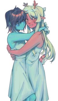 1girl 1other absurdres alternate_costume animal_ears antlers arms_around_neck blonde_hair blue_hair blue_skin border bow choker colored_skin commentary cuts deer_antlers deer_ears deer_girl deer_tail deltarune dress english_commentary flower frilled_bow frills furry furry_female gloves goomyloid grey_eyes hair_bow half_gloves highres horns hug implied_self-harm injury kris_(dark_world)_(deltarune) kris_(deltarune) long_hair looking_at_another looking_at_viewer noelle_holiday plant rose scar scar_on_arm self-harm_scar short_hair tail utdr_(toby_fox) white_background white_bow white_choker white_dress white_gloves