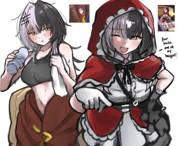 1girl ;d absurdres black_corset black_hair black_sports_bra blush bottle breasts capelet corset dress english_text gloves grey_hair highres holding holding_bottle hololive hololive_english hood hooded_capelet hot_dog_costume large_breasts long_hair looking_at_viewer multicolored_hair multiple_views one_eye_closed open_mouth red_capelet rinny_rin2 shiori_novella smile split-color_hair sports_bra sweat two-tone_hair virtual_youtuber water_bottle white_dress white_gloves yellow_eyes