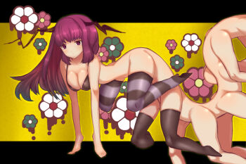1girl anatomical_nonsense black_border black_bra border bottomless bra breasts cleavage expressionless extra_legs floral_print gradient_background horns medium_breasts monster_girl no_hands original red_eyes red_hair satomitu solo thick_thighs thighhighs thighs underwear yellow_background