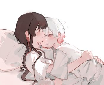 Rule 34 | 2girls, asterito77, black hair, blush, closed mouth, commentary request, cuddling, gradient hair, hug, long hair, mahou shoujo no majo saiban, multicolored hair, multiple girls, nikaido hiro, open mouth, pillow, pink eyes, pink hair, sakuraba ema, shirt, short hair, simple background, white background, white hair, white shirt, yuri