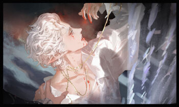 1boy astarion baldur&#039;s_gate baldur&#039;s_gate_3 bite_mark bite_mark_on_neck black_border blood blood_from_mouth blood_on_face blood_on_hands border chinese_commentary collarbone collared_shirt commentary dated elf fangs from_side hand_up jewelry long_sleeves looking_at_viewer male_focus necklace open_mouth out_of_frame pointy_ears red_eyes shirt short_hair signature solo_focus upper_body vampire vampire_bite wavy_hair white_hair white_shirt yoku_(liuyc)