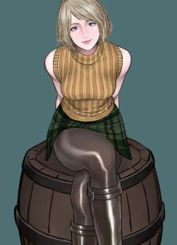 1girl ashley_graham barrel blonde_hair blue_eyes crossed_legs highres koukou_panchi looking_at_viewer medium_hair pantyhose resident_evil_4 resident_evil_4_(remake) sitting sleeveless sleeveless_sweater sweater