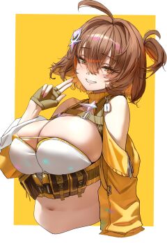 1girl ahoge anis_(nikke) blush border breasts brown_eyes brown_hair cat_hair_ornament clenched_teeth fingerless_gloves gloves goddess_of_victory:_nikke hair_ornament highres jacket jindogod large_breasts looking_at_viewer navel revision short_hair smile solo stomach teeth upper_body v white_border yellow_jacket