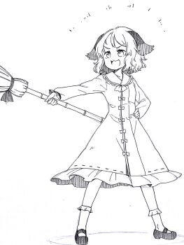 Rule 34 | 1girl, :3, absurdres, animal ears, broom, commentary request, dog ears, dog girl, dress, full body, hand on own hip, highres, holding, holding broom, kasodani kyouko, long sleeves, mary janes, medium hair, oninamako, open mouth, shoes, smile, socks, solo, touhou