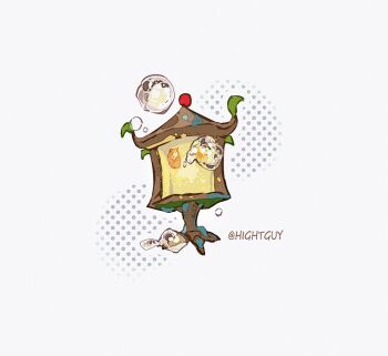 Rule 34 | artist name, bubble, commentary, film grain, halftone, halftone background, hightguy, lantern, leaf, looking at viewer, no humans, no mouth, plantern (plants vs. zombies), plants vs. zombies, simple background, solid oval eyes, solo, symbol-only commentary, water drop, white background, yellow eyes