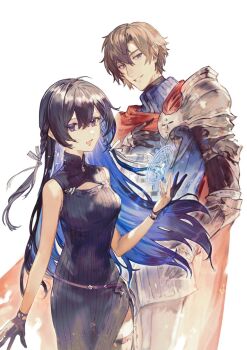 1boy 1girl :d ahoge armor black_dress black_gloves black_hair braid brown_hair cape chibi_(shimon) dress gloves hair_between_eyes hair_ribbon highres long_hair looking_at_viewer official_art open_mouth oscar_(unnamed_memory) purple_eyes red_cape ribbed_dress ribbon simple_background sleeveless sleeveless_dress smile tinasha_(unnamed_memory) unnamed_memory white_background