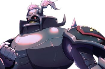 armor black_sclera colored_sclera craniummon digimon digimon_(creature) helmet knight male_focus okome_digi purple_armor purple_helmet red_eyes shoulder_armor solo upper_body