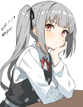 1girl absurdres bigkwl black_vest blush buttons closed_mouth collared_shirt commentary dated double-breasted grey_hair head_rest highres kantai_collection kasumi_(kancolle) long_hair long_sleeves neck_ribbon one-hour_drawing_challenge red_eyes red_ribbon ribbon shirt sidelocks simple_background solo twitter_username upper_body vest white_background white_shirt