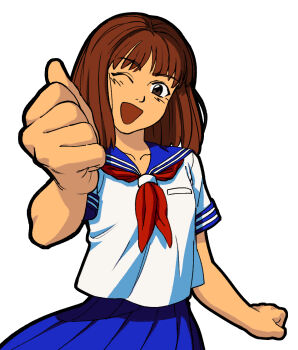 1girl ;d black_outline blue_sailor_collar blue_skirt breast_pocket brown_eyes brown_hair chronocrump clenched_hand collarbone data_east head_tilt janken_game_acchi_muite_hoi! looking_at_viewer medium_hair neckerchief one_eye_closed open_mouth outline outstretched_arm pleated_skirt pocket red_neckerchief rock_paper_scissors sailor_collar school_uniform serafuku shirt short_sleeves simple_background skirt smile solo thick_outlines tomomi_(janken_game_acchi_muite_hoi!) white_background white_shirt