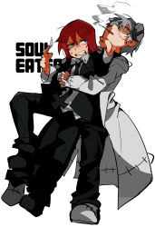 Rule 34 | 2boys, black coat, black pants, blue eyes, cigarette, clenched teeth, coat, collared shirt, franken stein (soul eater), glasses, grey hair, hayotukiaeya, highres, holding scalpel, lab coat, multiple boys, object through head, pants, red hair, screw in head, shirt, soul eater, spirit albarn, stitched face, stitches, sweatdrop, teeth, white background