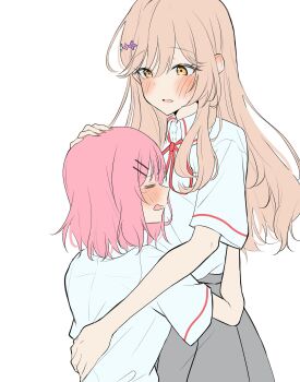 Rule 34 | 2girls, amaori renako, ashigaya high school uniform, blush, brown eyes, brown hair, closed eyes, collared shirt, grey skirt, hand on another's head, highres, medium hair, multiple girls, neck ribbon, nuooooodoomo, open mouth, parted lips, pink hair, pleated skirt, red ribbon, ribbon, school uniform, sena ajisai, shirt, simple background, skirt, watashi ga koibito ni nareru wake naijan murimuri!, white background, white shirt, yuri