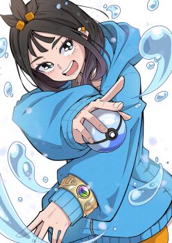 Rule 34 | 1girl, absurdres, black hair, blue hoodie, commentary request, cube hair ornament, dive ball, earclip, grey eyes, hair ornament, highres, holding, holding poke ball, hood, hood down, hoodie, jacket, leggings, lida (pokemon), long hair, long sleeves, looking at viewer, mega ring, nintendo, open mouth, orange leggings, poke ball, pokemon, pokemon legends: z-a, shinonome mozuku, smile, solo, teeth, topknot, two-tone legwear, water, white leggings, wispy bangs