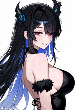 1girl alternate_costume bare_shoulders black_hair black_horns blue_hair breasts colored_inner_hair commentary from_side helloimtea highres hololive hololive_english horns large_breasts light_blush long_hair looking_at_viewer looking_to_the_side mole mole_under_eye multicolored_hair nerissa_ravencroft paid_reward_available parted_lips pink_eyes shoulder_blades sideboob sidelocks smile solo twitter_username upper_body virtual_youtuber