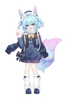 1girl absurdres animal_ears blue_eyes blue_hair chinese_commentary exusiai_dust fox_ears fox_girl fox_tail full_body highres original scarf short_hair simple_background solo tachi-e tail white_background