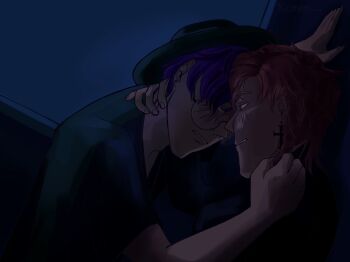 2boys black_hat commentary compot cross cross_earrings earrings english_commentary hat highres jewelry liu_xiao male_focus multiple_boys non-web_source orange_hair purple_hair shiguang_dailiren xiao_weiying yaoi