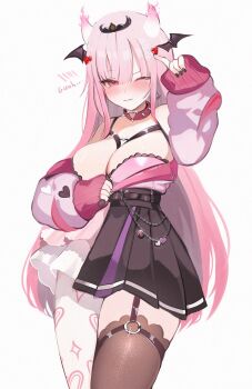 1girl blush breasts cleavage closed_mouth cosplay english_text heart highres hololive hololive_english horns ironmouse ironmouse_(15th_costume) koahri large_breasts long_hair long_sleeves looking_at_viewer mori_calliope multicolored_hair pink_eyes pink_hair simple_background solo virtual_youtuber vshojo white_background