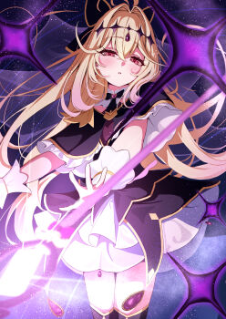 Rule 34 | 1girl, absurdres, antenna hair, black bow, black bowtie, black capelet, black dress, black thighhighs, blonde hair, bow, bowtie, braid, brooch, capelet, commentary, cowboy shot, crossed bangs, cure arcana shadow, diamond hairband, dress, frilled capelet, frilled cuffs, frills, gradient hair, hair between eyes, hair bow, hair intakes, half-closed eyes, half-dress, half up braid, heart, heart brooch, highres, jewelry, long hair, looking at viewer, magical girl, medium dress, meitantei precure!, moria luluka, multicolored hair, nail polish, open mouth, pink hair, precure, purple eyes, solo, standing, tarako (tarakopng), thighhighs, two-tone hair, very long hair, white wrist cuffs, wrist cuffs