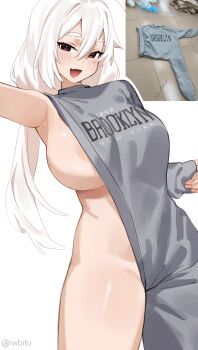 1girl asymmetrical_clothes blush breasts brooklyn_sweater brown_eyes commentary english_commentary grey_sweater highres iwbitu long_hair meme nyopu open_mouth original photo_inset reference_inset sideboob signature simple_background solo sweater white_background white_hair