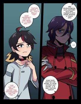 ... 1boy 1girl absurdres black_choker black_hair blonde_hair blue_eyes bluebutter choker coat commentary crossed_arms english_commentary gloves hair_between_eyes handler_mj_(bluebutter) highres marvel marvel_rivals multicolored_hair peni_parker red_coat red_hair right-to-left_comic spoken_ellipsis white_gloves