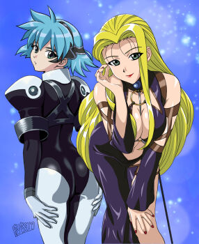 2girls armor artist_name ass blonde_hair bodysuit breasts cleavage detached_sleeves dress green_eyes hair_behind_ear hand_on_own_knee hands_on_own_legs head_tilt highres jura_basil_elden large_breasts leaning_forward long_hair long_sleeves looking_at_viewer looking_back meia_gisborn multiple_girls nail_polish parted_hair parted_lips pilot_suit popgun_(22882502) purple_bodysuit red_lips red_nails short_hair skin_tight smile vandread very_long_hair