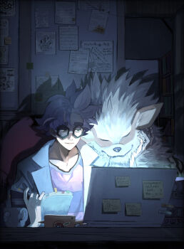 Rule 34 | 1boy, absurdres, arcanine, closed mouth, coat, commentary request, computer, dog, gen 1 pokemon, gen 4 pokemon, glasses, hand up, highres, holding, indoors, jacq (pokemon), laptop, male focus, nintendo, open clothes, open coat, pitta (oshirinokeeeee), pokemon, pokemon (creature), pokemon sv, rotom, rotom phone, shirt, short hair, smile, sticky note, striped clothes, striped shirt