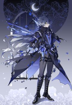 1boy antenna_hair black_coat black_gloves blue_hair closed_mouth coat collared_coat crossed_bangs emmikn flins_(genshin_impact) full_body genshin_impact gloves gradient_hair hair_between_eyes high_collar highres holding holding_lantern lantern long_hair long_sleeves looking_at_viewer male_focus multicolored_hair solo standing upper_body yellow_eyes