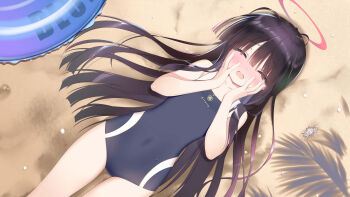1girl :o bare_arms beach black_hair black_one-piece_swimsuit blue_archive blunt_bangs blush breasts closed_eyes collarbone day dutch_angle embarrassed feet_out_of_frame from_above hair_over_eyes halo hands_on_own_cheeks hands_on_own_face highres innertube justice_task_force_member_(blue_archive) loli long_hair lying new_school_swimsuit nose_blush on_back one-piece_swimsuit open_mouth outdoors peanut_mouth red_halo santa_matsuri school_swimsuit small_breasts solo swim_ring swimsuit trinity_general_school_logo very_long_hair