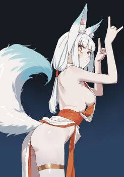 1girl animal_ear_fluff animal_ears armpit_crease ass black_background breasts commentary_request double_fox_shadow_puppet fox_ears fox_girl fox_shadow_puppet fox_tail h4sh1rnoto highres long_hair looking_at_viewer medium_breasts original sideboob simple_background solo star-shaped_pupils star_(symbol) symbol-shaped_pupils tail white_hair