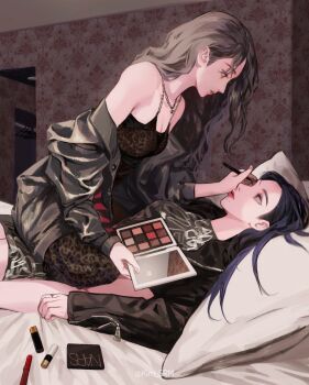 2girls aespa applying_another's_makeup applying_makeup bare_shoulders blue_eyes blue_hair breasts cleavage closed_mouth clothes_hanger cosmetics dress girl_on_top grey_hair grey_jacket heart heart_necklace highres holding_makeup_palette indoors jacket jacket_partially_removed jewelry k-pop karina_(aespa) kim_srm leather leather_jacket lesbians_doing_makeup_(meme) long_hair long_sleeves looking_at_another lying makeup_palette medium_breasts meme mole mole_under_mouth multiple_girls necklace off_shoulder on_back on_bed open_clothes open_jacket parted_lips pillow real_life revision sleeve_zipper sleeveless sleeveless_dress straddling twitter_username winter_(aespa) yuri zipper zipper_pull_tab