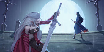 2girls big_hair blue_coat blue_hair breasts cleavage coat cosplay dante_(devil_may_cry) dante_(devil_may_cry)_(cosplay) devil_may_cry devil_may_cry_(series) devil_may_cry_3 earrings edalyn_clawthorne full_moon grey_hair highres huge_weapon jewelry leaning_forward lilith_clawthorne long_hair medium_breasts moon mthsmelo multiple_girls pants pointy_ears rain red_coat sheath sheathed siblings sisters standing strapless sword the_owl_house tube_top vergil_(devil_may_cry) vergil_(devil_may_cry)_(cosplay) very_long_hair weapon