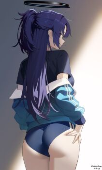 1girl absurdres ass black_halo black_shirt blue_archive blue_buruma blue_eyes blue_hair blue_jacket blurry blush bottle breasts buruma closed_mouth cowboy_shot dated double_vertical_stripe expressionless from_behind grabbing_own_ass gym_uniform half_updo halo highres jacket jacket_partially_removed long_hair long_sleeves looking_at_viewer mechanical_halo off_shoulder official_alternate_costume official_alternate_hairstyle parted_bangs shirt short_sleeves sidelocks simple_background solo standing starelium t-shirt track_jacket twitter_username yuuka_(blue_archive) yuuka_(track)_(blue_archive)