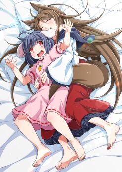 Rule 34 | 2girls, animal ear fluff, animal ears, barefoot, biting, biting ear, black hair, blush, brown hair, carrot necklace, closed eyes, commentary request, commission, dress, eichi yuu, floppy ears, frilled sleeves, frills, hug, hug from behind, imaizumi kagerou, inaba tewi, jewelry, long hair, long sleeves, monster girl, multiple girls, necklace, open mouth, pendant, pink dress, pixiv commission, puffy short sleeves, puffy sleeves, rabbit ears, rabbit girl, rabbit tail, red eyes, red nails, ribbon-trimmed dress, ribbon trim, short sleeves, sleeping, sweatdrop, tail, toes, touhou, very long hair, wide sleeves, wolf ears, wolf girl, wolf tail