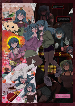 Rule 34 | 3girls, against glass, alternate costume, alternate hairstyle, animal, apron, arrow (symbol), bags under eyes, bird, black shirt, blood, blood on chest, blood on leg, blood splatter, blue hair, boots, border, box, breasts, brown jacket, brown shirt, buttons, cat, chef, chef hat, cigarette, cleavage, closed eyes, closed mouth, collar, colored skin, commentary, cosmetics, death, dog, dual persona, english commentary, english text, flower, food, frilled shirt, frills, fruit, green apron, green jacket, green shorts, grey shoes, guitar, hair ornament, hamster, hat, heart, heart-shaped box, highres, holding, holding cigarette, holding guitar, holding instrument, holding lipstick tube, holding plate, hood, hoodie, instrument, j2citrus, jacket, jay (lacey games), jewelry, key, lacey (lacey games), lacey games, lipstick tube, long hair, maisie (lacey games), makeup, meatball, mirror, multiple girls, necklace, off-shoulder shirt, off shoulder, open mouth, pale skin, pantyhose, pasta, pink shirt, pink skin, plate, play button, pocket, purple hoodie, purple shirt, purple shorts, rabbit, red flower, red lips, runny makeup, shaded face, shirt, shoes, short twintails, shorts, smile, solo focus, spaghetti, spaghetti and meatballs, strawberry, talking, turtle, twintails, white boots, white collar, white shirt, wide-eyed, x hair ornament
