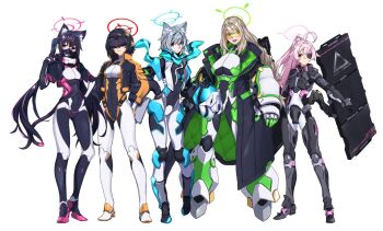 5girls ahoge animal_ear_fluff animal_ears armor ayane_(blue_archive) ballistic_shield black_hair blue_archive cat_ears foreclosure_task_force_(blue_archive) hair_ornament halo highres hoshino_(blue_archive) kazumi1220k_mk2 long_hair multiple_girls nonomi_(blue_archive) pink_hair pointy_ears serika_(blue_archive) shield shiroko_(blue_archive) tagme twintails wolf_ears
