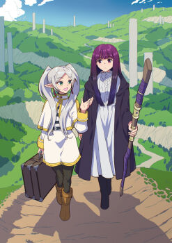 2girls black_footwear black_leggings black_pantyhose black_robe blunt_bangs boots brown_footwear closed_mouth day dress earrings elf fern_(sousou_no_frieren) floating_earrings frieren full_body grass green_eyes grey_hair hand_up highres hill hime_cut holding holding_staff holding_suitcase jewelry leggings light_frown long_hair long_sleeves looking_at_another monolith_(object) multiple_girls open_mouth outdoors outstretched_hand pantyhose path pointy_ears purple_eyes purple_hair road robe shadow side-by-side sidelocks sky smile somasoutaro sousou_no_frieren staff standing suitcase talking twintails very_long_hair walking white_dress